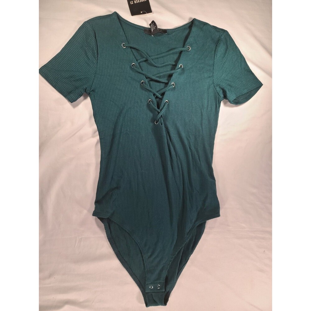 Forever 21 Women's Small Teal Ribbed Lace-Up Side Bodysuit NWT